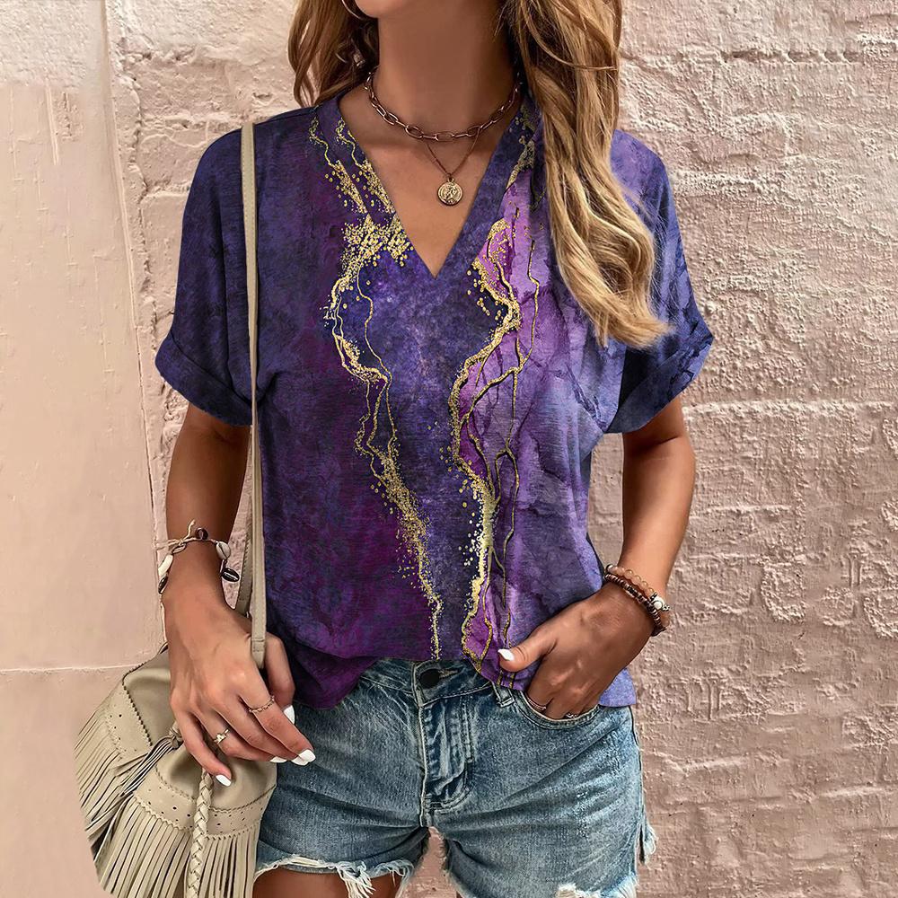 Color Striped Printed Short-sleeved T-shirt V-neck Fashion Shirt Summer Casual Top