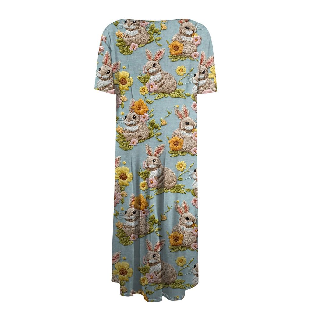 Robe mi-longue imprimée à manches courtes et col rond pour femme, ample, décontractée et tendance