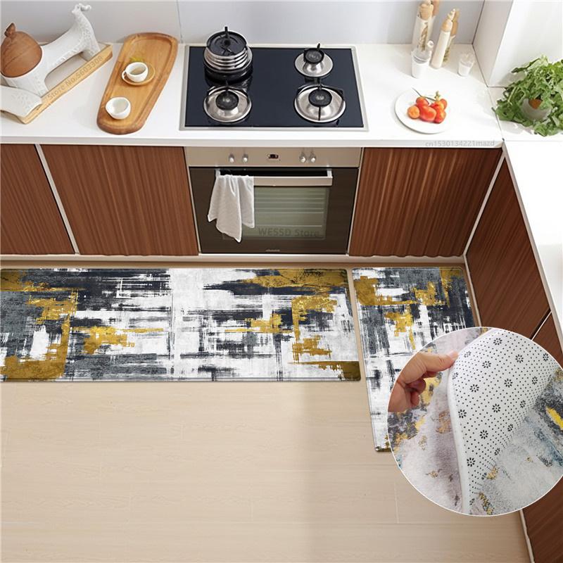 Soft Velvet Kitchen Rug Set With Abstract Print Non-slip Absorbent  Washable Doormat Bathroom Floor Mat