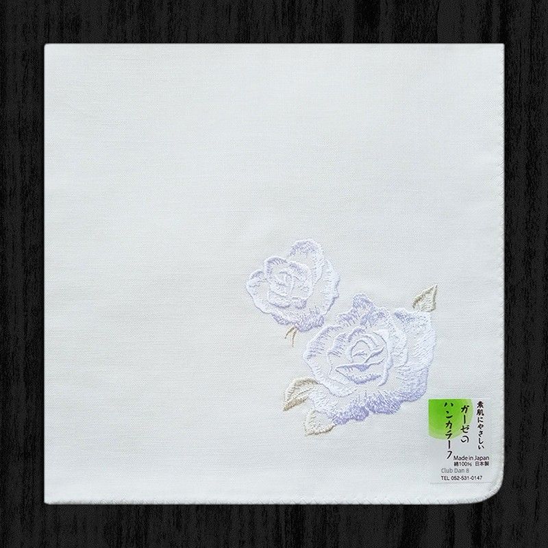 

Женский носовой платок Сделано в Японии Вышивка Чистый хлопок Впитывающий пот Носовой платок Хлопок Вытирающий пот Двухслойная хлопковая марля Плотный Роза White