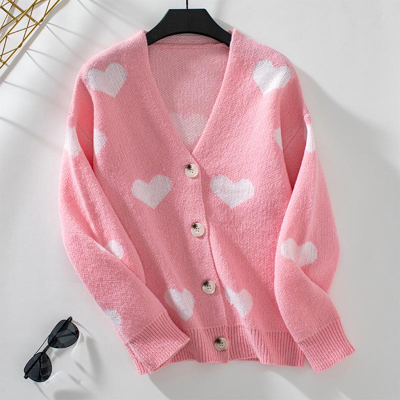 Fuzzy Women's Knitwear: Heart Single-Breasted Loose Cardigan - Autumn/Winter 2024