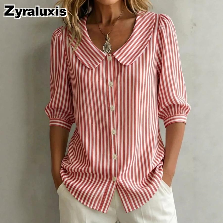 New Summer Striped Ruffle Collar Button-Down Shirt for Women