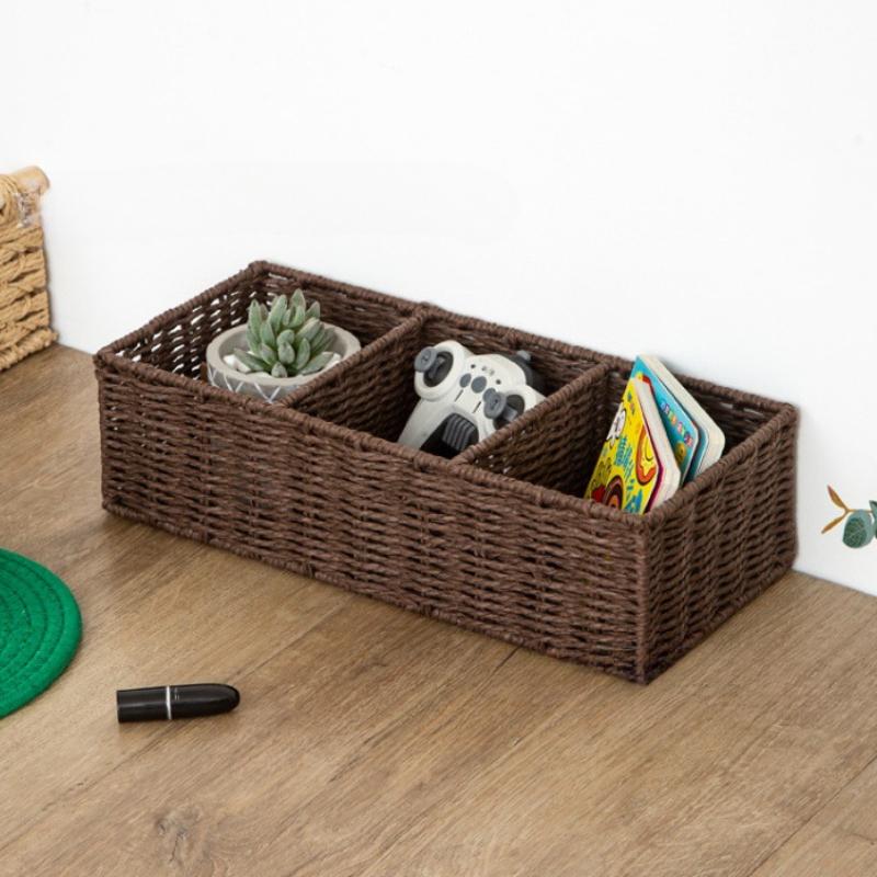 1pc Woven Three-Compartment Storage Basket, Handmade Paper Rope & Willow Storage Bin, Toilet Tank Top Tissue Box Holder