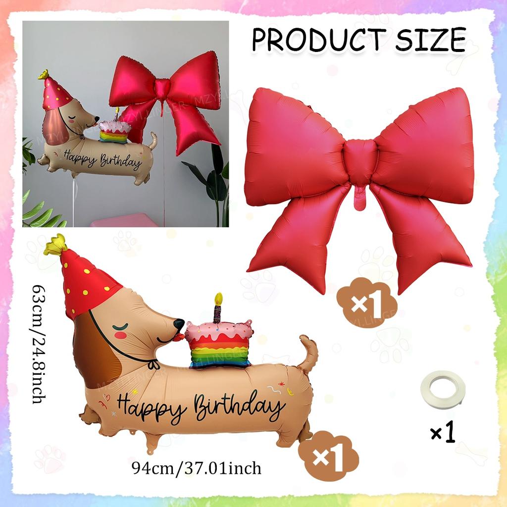 Cartoon style birthday dog balloon set with red bow balloons and pink heart balloons for birthday decoration and photo props
