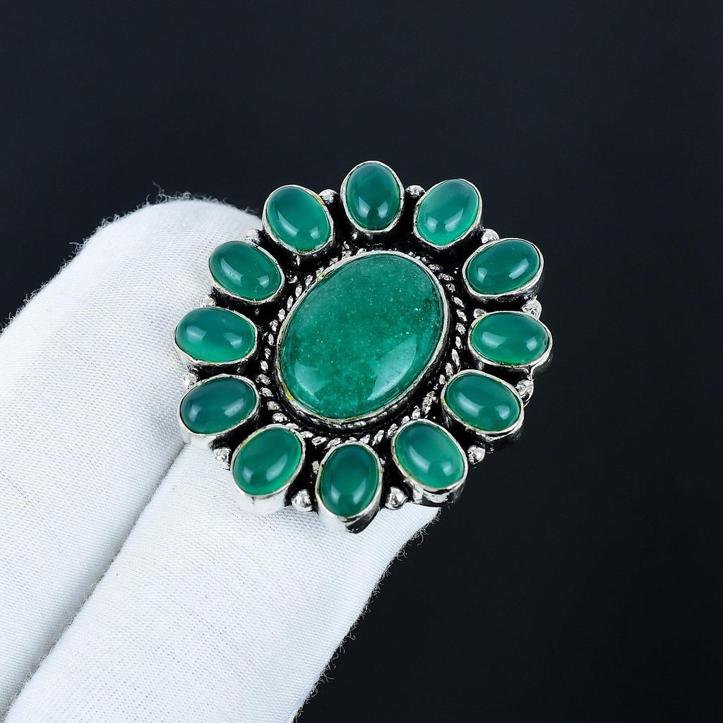Smaragd, Ring med grön onyx-ädelsten, 925 sterlingsilverring, Gåva till henne, Oval sten, Elegant handgjord ring, Silverring med grön onyx-blomma