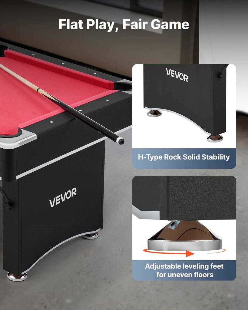 Pool Table, 183cm Portable Billiards Tables, Adjustable Feet Stable Game Table, Entertainment Set Includes Ball, Cue, Rack, Chalk and Brush, Black
