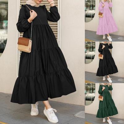 Damen Casual Langarm Rundhals Einfarbig Kleid Langes Kleid Robe