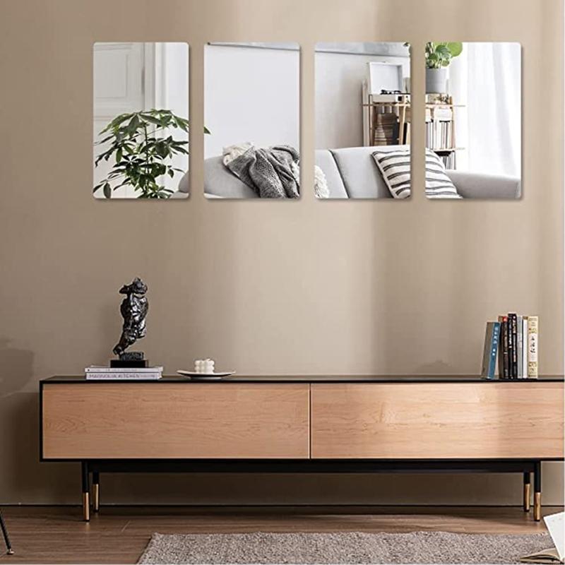 62KD 4pcs Acrylic Mirror Sheets Flexible Non Glass Mirror Tiles with 16pcs Adhesive Stickers for Home Wall Decor