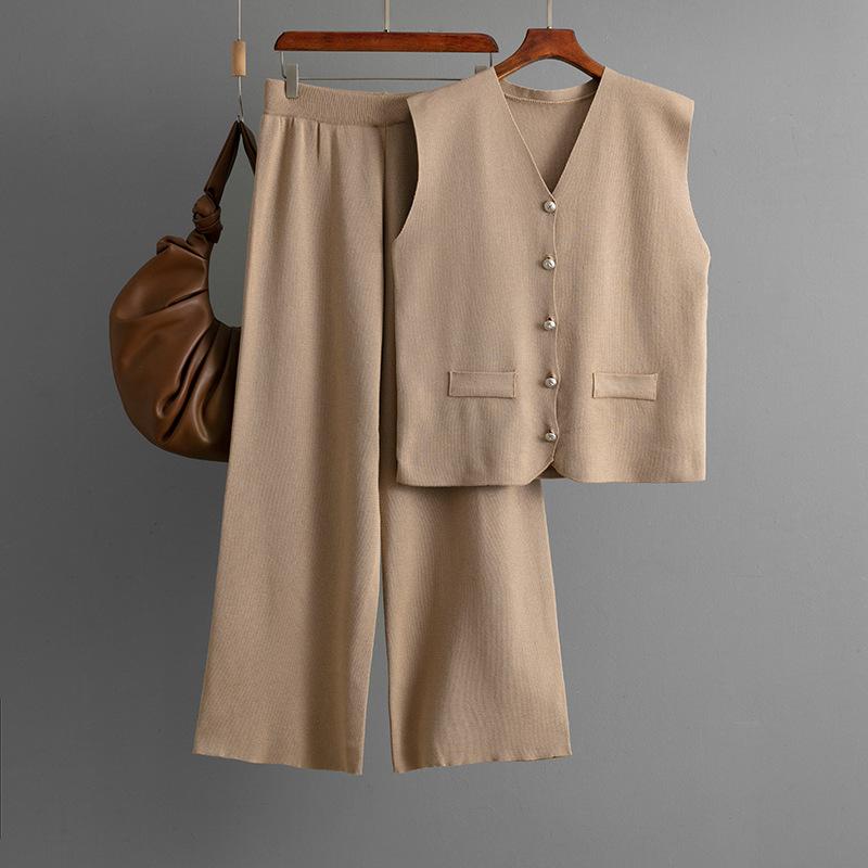 Sleeveless Fashion Set Summer Solid Color Knitted Tank Top Wide Leg Pants Two Piece Set For Women