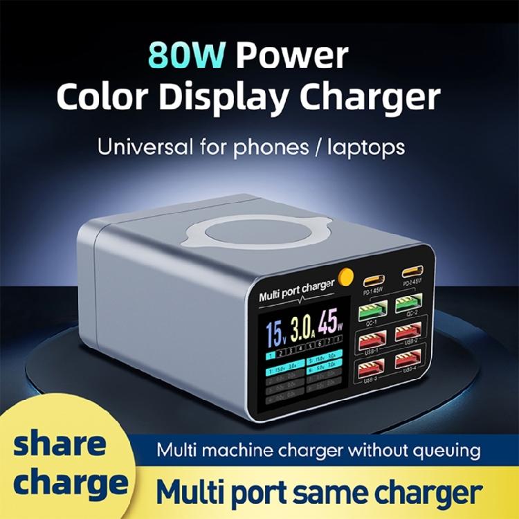 80W Multifunctional Fast Wireless Charger Station USB Type C LED Display Charging Adapter for Home Office Travel