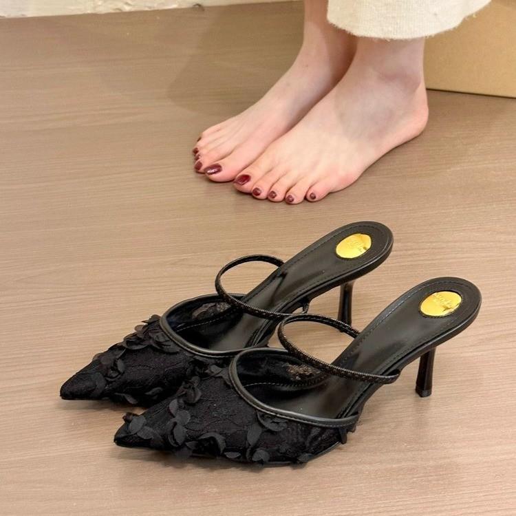 Niche mesh yarn breathable bag head half slippers women's shoes 2025 new spring gentle high heels