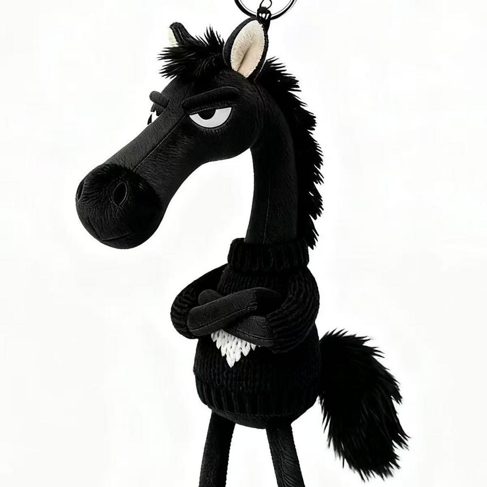 Cartoon Simulation Sweater Black Horse Keychain, Plush Toy Backpack Pendant Decoration, 2026 Mascot Of The Year Of The Horse