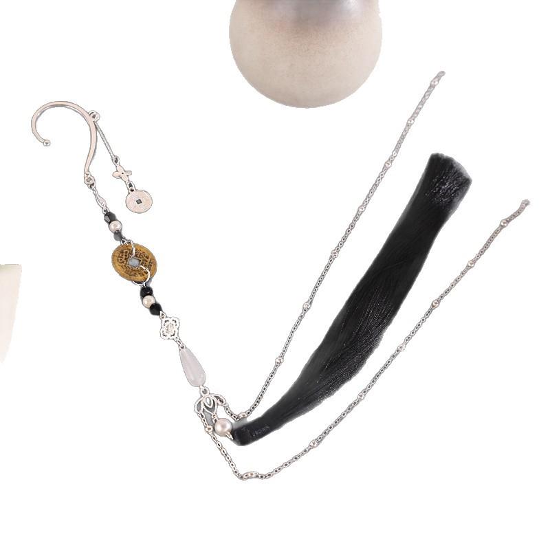 1pair Ancient Style Coin Ear Cuff with Tassel, Mountain Ghost Coin Ear Jewelry, Hanfu Matching Vintage Ornaments for Men and Women