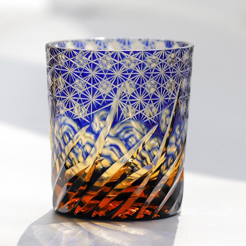 Handicraft Cut Amber Blue Colored Glass Whisky Glasses Tumbler Japanese Edo Kiriko Technique Glass Artwork Drinkware 260Ml