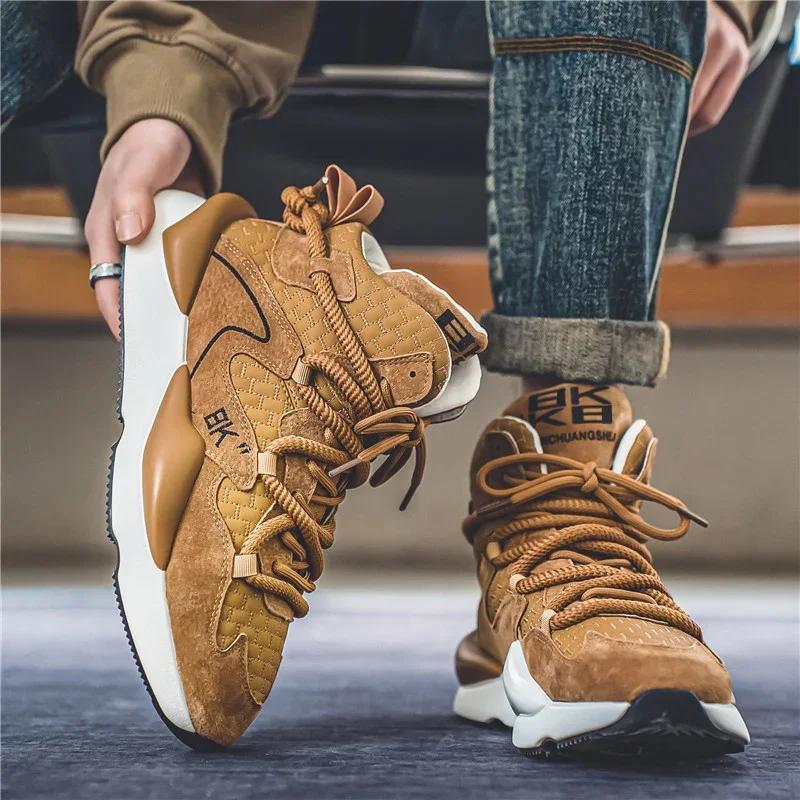 New Autumn and Winter High Cut Plush Warm and Trendy Shoes for Sports and Leisure Men's Fashiable Lace Up Youth Running Shoes