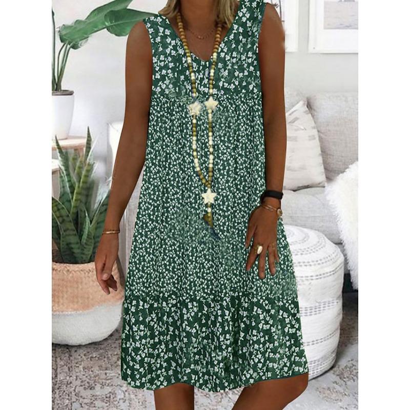 Summer Women's V-Neck Small Floral Printed Sleeveless Dresses