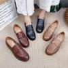 Johnature Retro Echtes Leder Niedrigen Absatz Pumps Frauen Schuhe Runde Zehe Flache Volltonfarbe Bequeme Halbschuhe
