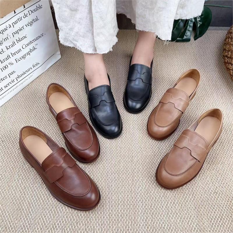 Johnature Retro Echtes Leder Niedrigen Absatz Pumps Frauen Schuhe Runde Zehe Flache Volltonfarbe Bequeme Halbschuhe