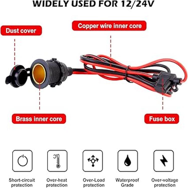 12 awg 12V24V High-power Waterproof Threaded Cigarette Lighter Female Socket Wire for Car and Motorcycle Modification