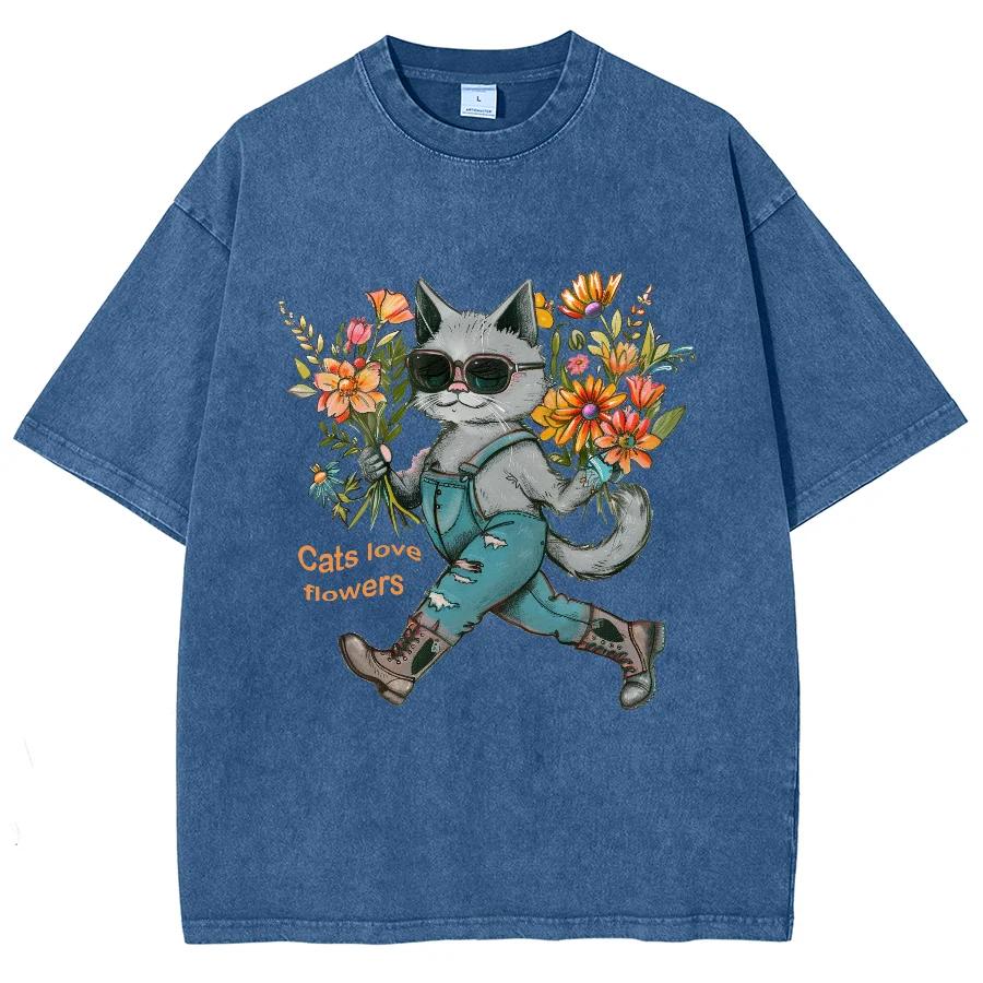 Cute Blue Cat Anthropomorphic Print Women's T-Shirt Loose Wash Oversized Short Sleeve Fashion Design Funny Style Top