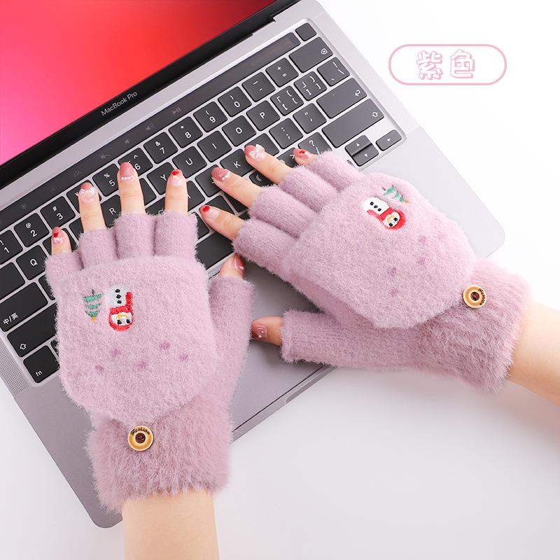 Gants tricotés demi-doigts à rabat pour femmes automne et hiver mignons bois chauds imitation vison étudiant écriture gants sans doigts