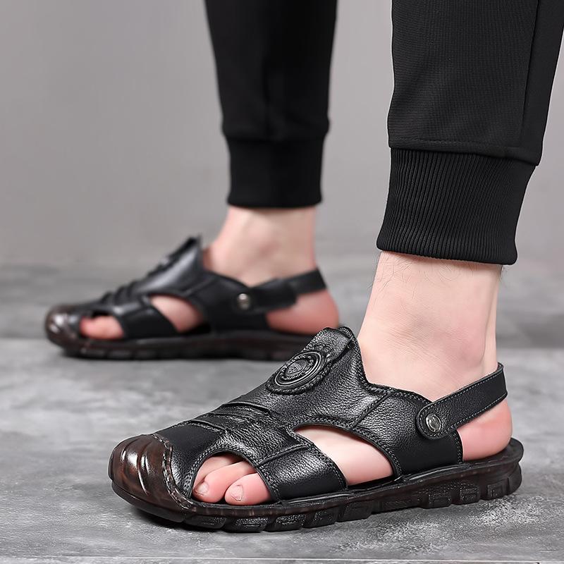 Summer new men's leather sandals dual-purpose leather handmade bag head sandals men's non-slip soft-soled beach shoes sandals tide