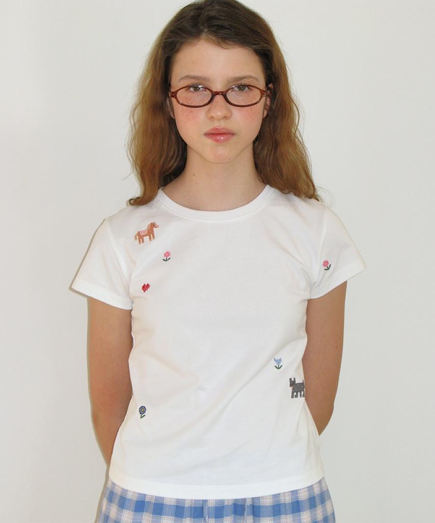 RONRON Pony Cat Embroidery T Shirt White