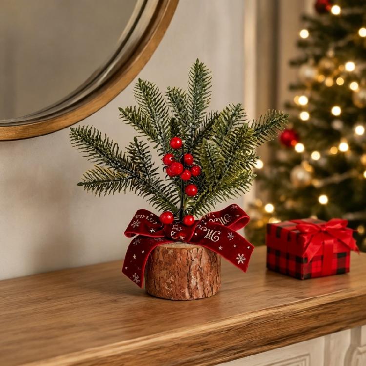 Wood Base Christmas Tree with Faux Branch Detail for Desk, Shelf, Counter, Entry Table, and Shop Front Display