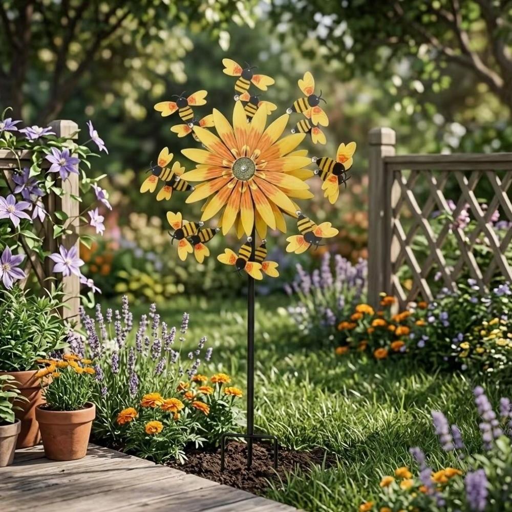 Double Sided Bee Wind Spinner Anti-Rust Metal Garden Stake Sunflower Motion Art Wind Yard Ornament