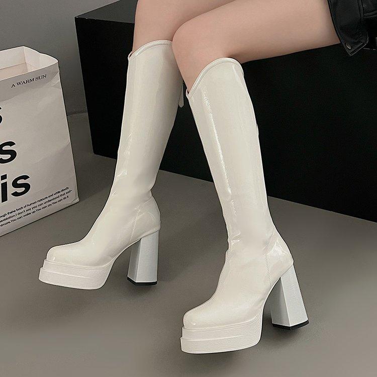 

Fashion Chunky High Heels Solid Color Knee-High Boots for Women Platform Beige Black V-mouth Gothic Autumn Long Boot Party Dress Shoes 35 бежевый