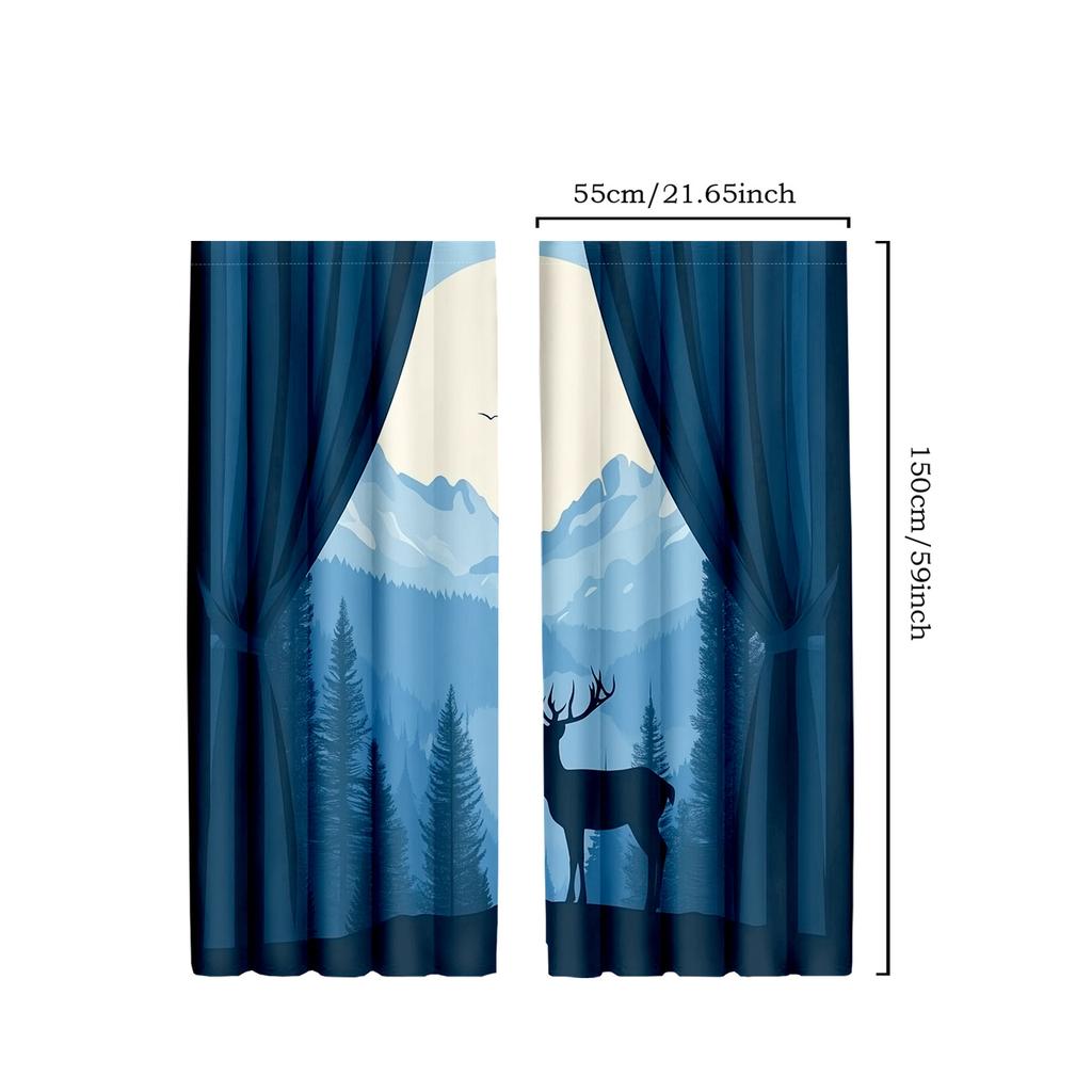 2pcs Classic Blue Deer and Mountain Design Curtains - Polyester   Nature-Inspired Decor for Bedroom & Living Room with Pine Trees