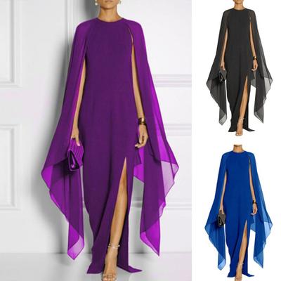 Women Solid Color Chiffon Maxi Dress O-Neck Irregular Split Layer Shawl Design Gown Dress Side Split Hem Slim Fit Chiffon Party Dress