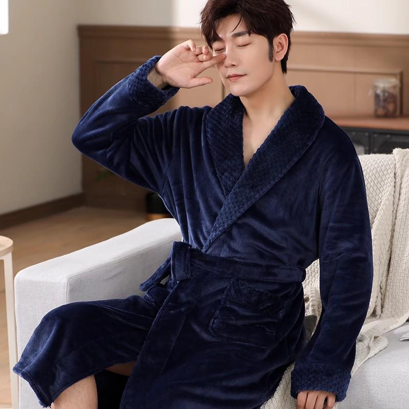 

Очень длинный мужской халат из кораллового флиса - Толстый, теплый, фланелевый домашний костюм-пижама на флисовой подкладке. XXXL темно-синий