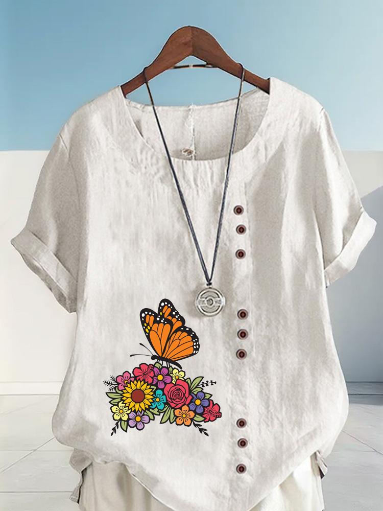 Women's Fashion Butterfly Flowers Print Casual Cotton Linen Short Sleeve Round Neck T-shirt Shirt Leisure Loose Summer Blouse Tops