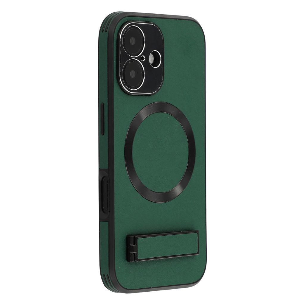 For iPhone 16 Kickstand Case Compatible with MagSafe PC+TPU+PU Phone Back Cover