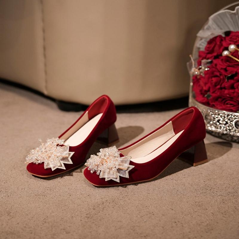 Wedding Shoes Chinese Suede Pointed Toe Single Shoes 2026 New Shallow Mouth High Heels