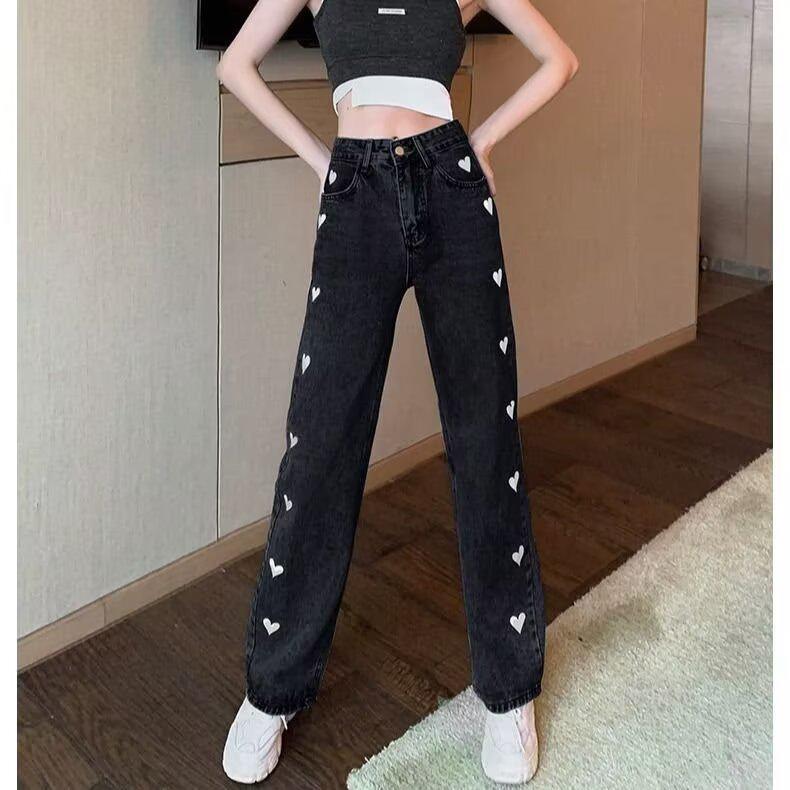 Korean Style Women s Heart Print Wide-Leg High-Waist Jeans - Light Color, Autumn 2025 Collection Medium чёрный