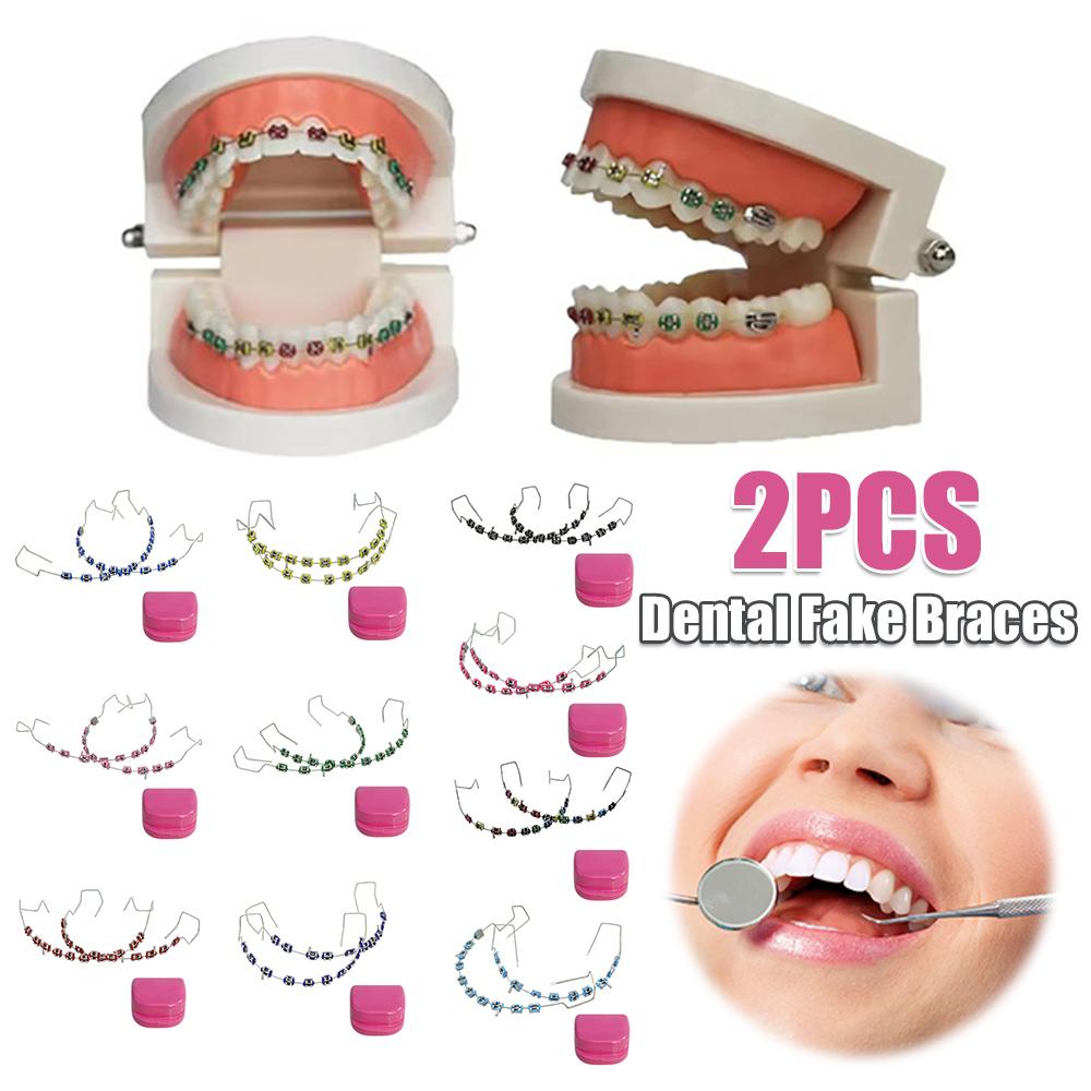 2PCS Dental Fake Braces with Storage Box Orthodontic Ligature Ties Metal Wires Bracket Dental Fashion Decoration Dental Tool