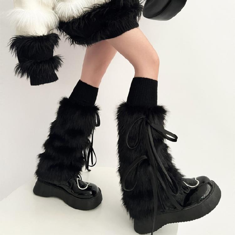 Women Goth Furry Leg Warmers Socks Harajuku Ribbon Bowknot Leggings Boots Cover