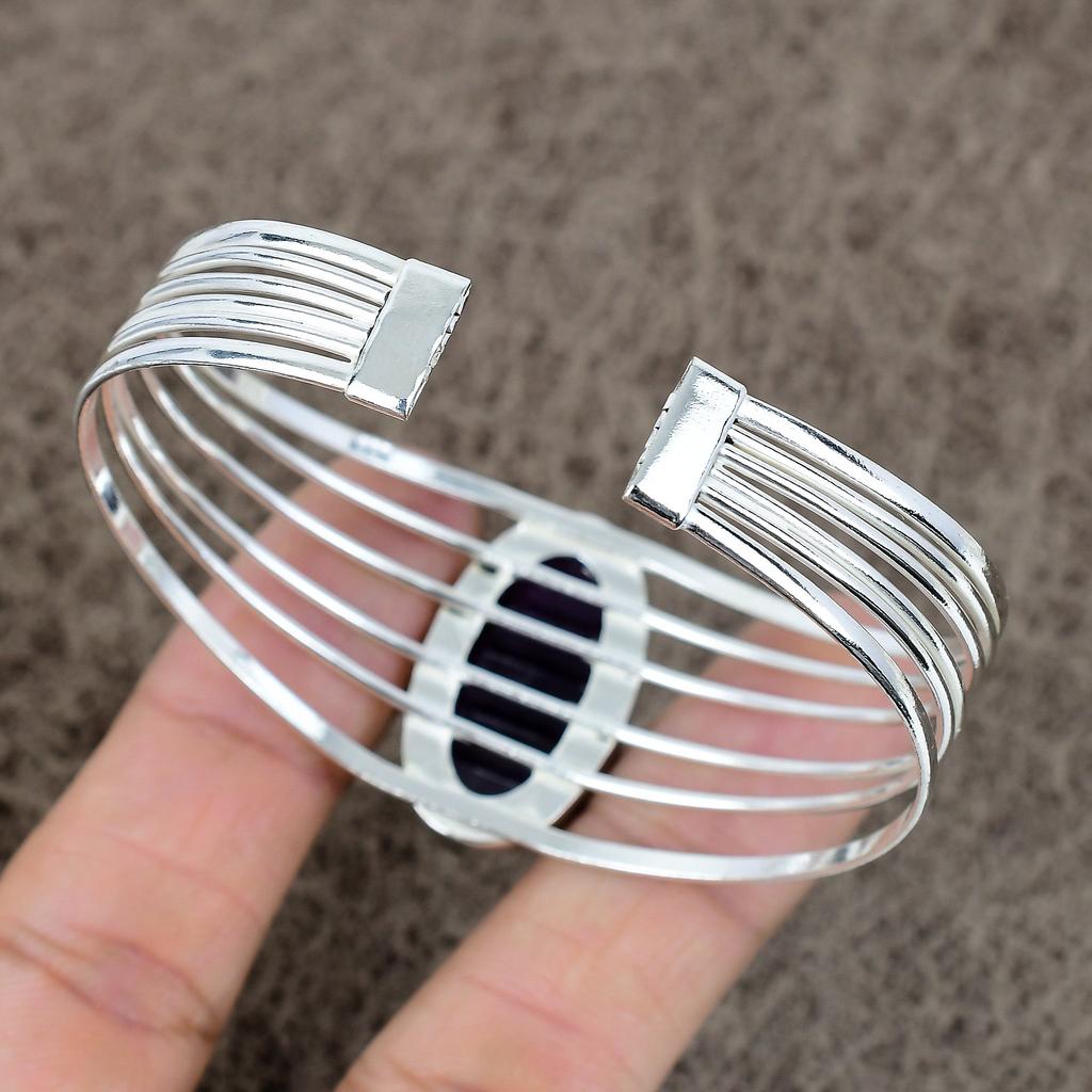 Sage Amethyst Gemstone Handmade 925 Sterling Silver Cuff Bangle Adjustable KKG-178