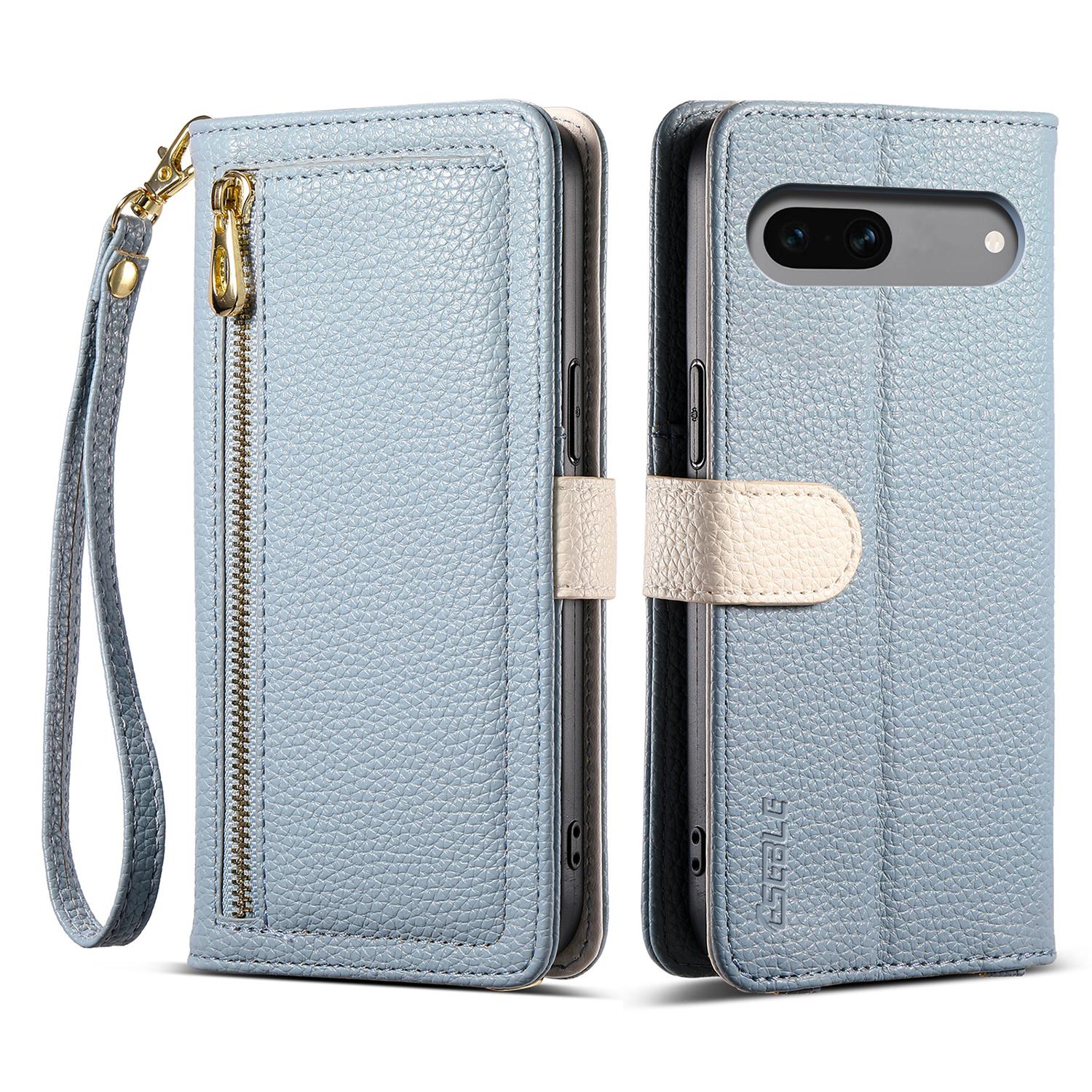 

ESEBLE E11 Чохол для Google Pixel 8a Кишеня на блискавці Шкіряний чохол для телефону з текстурою лічі з дзеркалом та ремінцем на зап ястя Sky Blue
