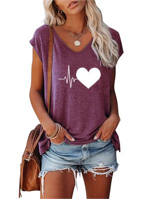 Damenmode V-Ausschnitt Kurzarm Top Sommer Casual Print T-Shirt