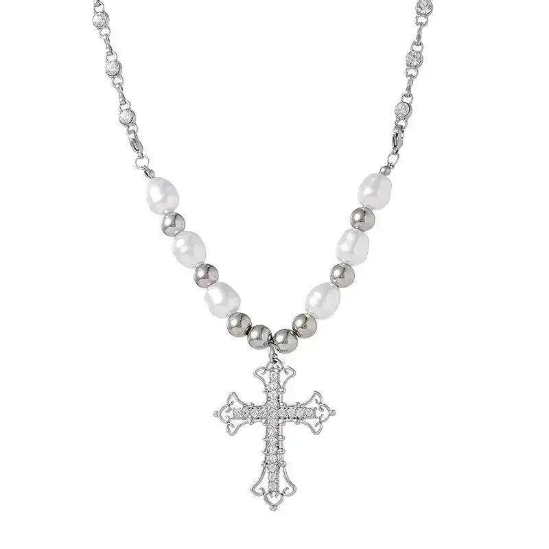 

1 Pcs Women Fashion Bling Cross Pendant Necklaces Girl Vintage Minimalist Pearl Necklace Clavicle Chain Punk Choker Gifts A