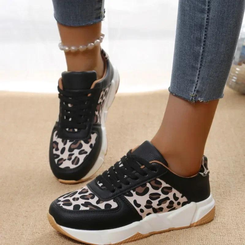 Women Platform Sneakers  New Round Toe Low-top Leopard Wedge Shoes for Women Lace Up Casual Sneakers Zapatos De Mujer