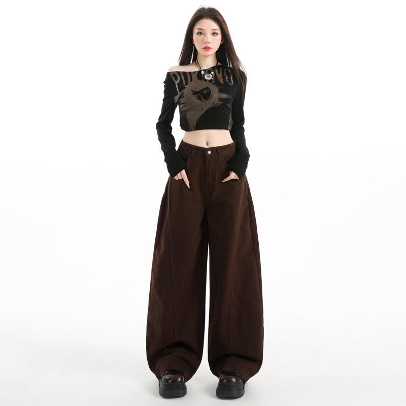 2025 Autumn Women's Retro Coffee Wide Leg Scimitar Pants - Slimming, Casual, Fashionable