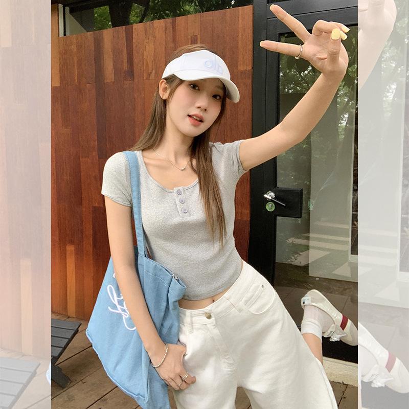 Pure Desire Sweet Girl Bm Wind Button Design Front Shoulder Short-sleeved T-shirt Women's Summer Small Slim-fitting Waist Short Top