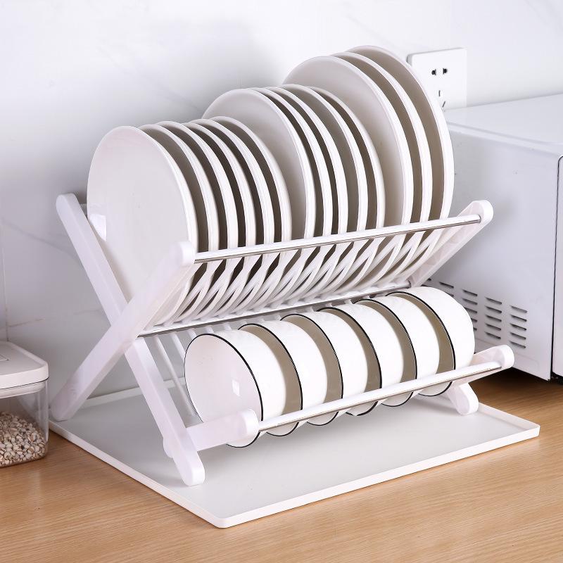 Double Layer Folding Dish Rack with Cutlery Storage - No Installation Needed
