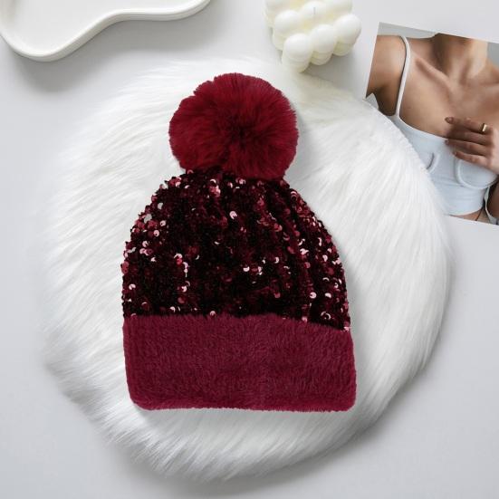 Women Knitting Hat Plush Ball Decor Shiny Sequins Decor Brimless Hat Winter Warm Furry Bucket Hat Headwear