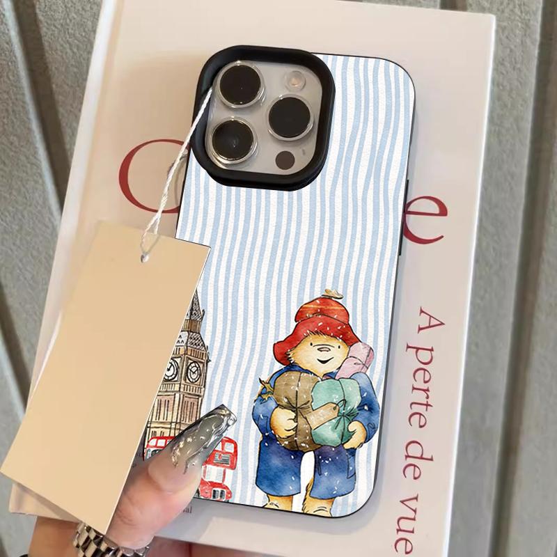

Striped Bear Pattern Lychee Texture Silicone Phone Case For iPhone 11 12 13 14 15 16 17 Pro Max 15 Plus 17 Air Soft Cover iPhone 11 Pro