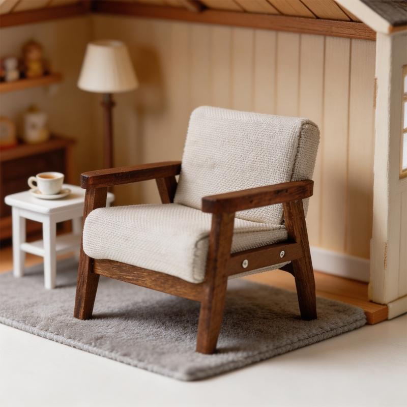 Model Home Furniture Chair 1:12 Scale Wood Frame, Padded Fabric Seat for Small Living Room Layouts and Builds Use